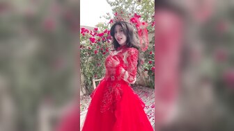 Hot bride in red wedding dress rides on dick