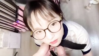 Raising a pure bitch with glasses in a cage who begs for my cock