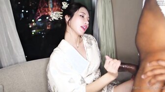 First-time passionate sex with a Black man's huge cock while wearing a sexy kimono in front of Tokyo Tower.