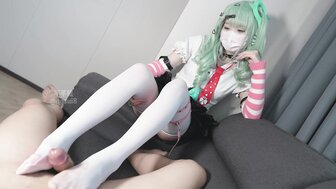 Cute, fair-skinned, slender girls wearing white stockings give you footjobs and spread her legs for you to fuck.
