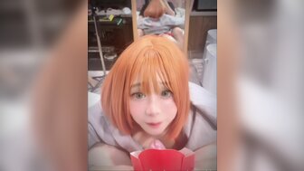 A beautiful girl working part-time at McDonald's performs deep-throat oral sex on her boyfriend, resulting in a facial cumshot.