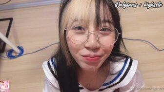 Fucking and cum in pure girlfriend's mouth who wore school uniform